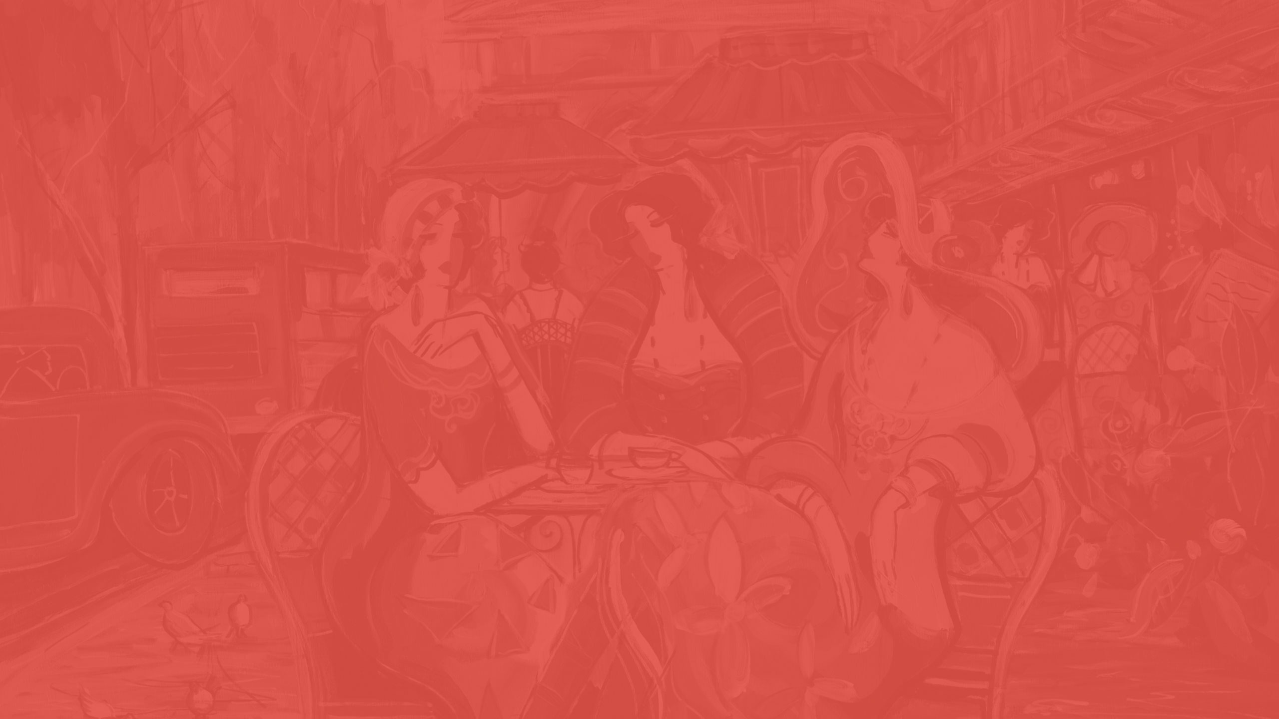 a red background with a group of women sitting at a table