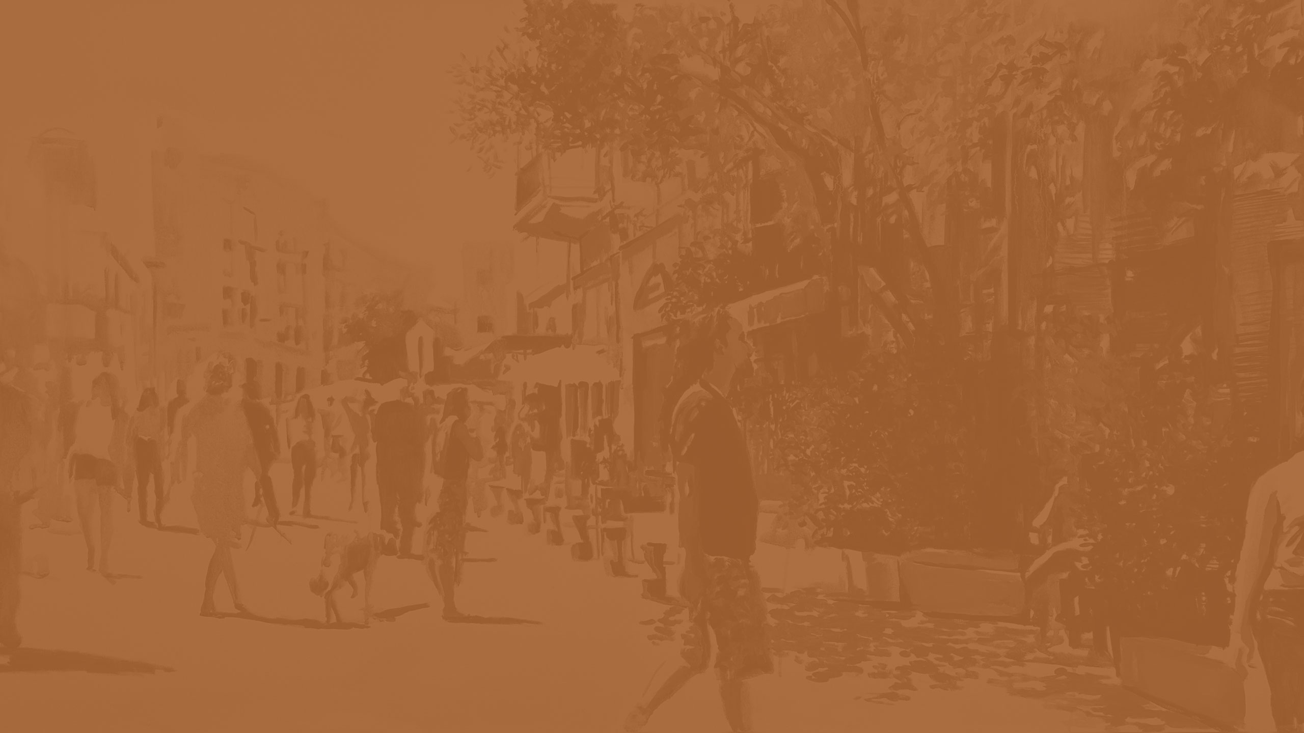 a brown background with a group of people walking on a sidewalk