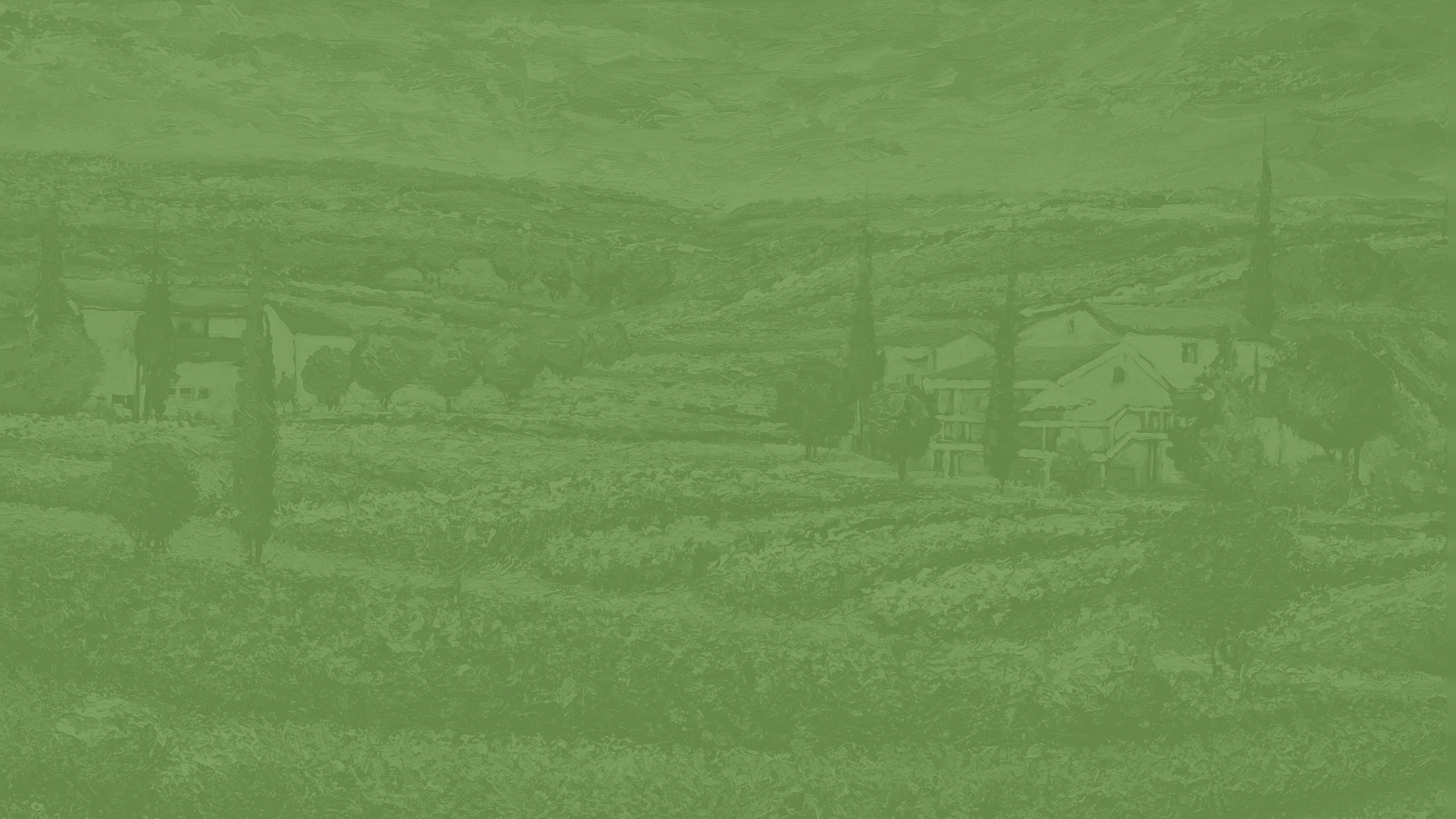 a green background with a landscape with houses and trees